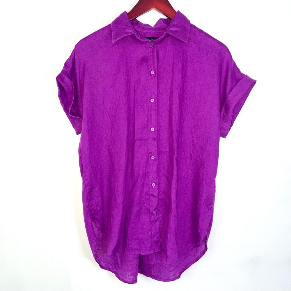 Lauren Ralph Lauren relaxed fit linen button-up shirt short sleeve purple small - Picture 4 of 7